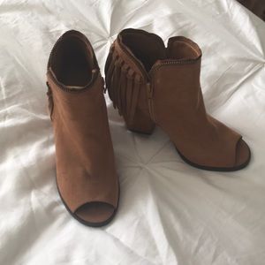 Brown faux suede fringe booties